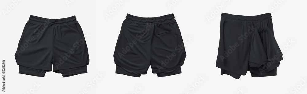 Mockup of men's black shorts with underpants compression line, isolated on background, front, back view. Mockup of men's black shorts with underpants compression line, isolated on background, front, back view.
