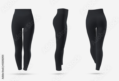 Black women's leggings mockup, 3D rendering, isolated on background, front, back, side view. photo