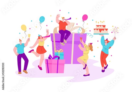 Birthday party people. Woman man dancers celebration with balloons gifts and confetti. Holidays congratulations  happy event in company kicky vector characters