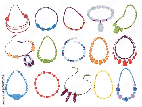 Female necklace set. Precious necklaces from beads diamond and pearl, isolated beading jewelry. Woman beaded chain, girl bijouterie decent vector bundle