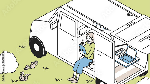 自然の中で車を利用してワーケーションをする女性
