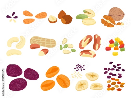 Dried fruits nuts and seed. Crunchy snack mix, various natural food, nuts and sunflower seeds. Different chips, almond, pistachio, cereal decent vector set