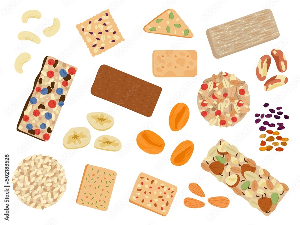 Healthy snacks set. Muesli bars, brazil nuts and seeds. Granola, nut mix and crackers with herbs. Isolated vegan kit fast food decent vector collection Healthy snacks set. Muesli bars, brazil nuts and seeds. Granola, nut mix and crackers with herbs. Isolated vegan kit fast food decent vector collection