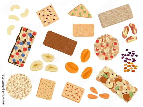 Healthy snacks set. Muesli bars, brazil nuts and seeds. Granola, nut mix and crackers with herbs. Isolated vegan kit fast food decent vector collection