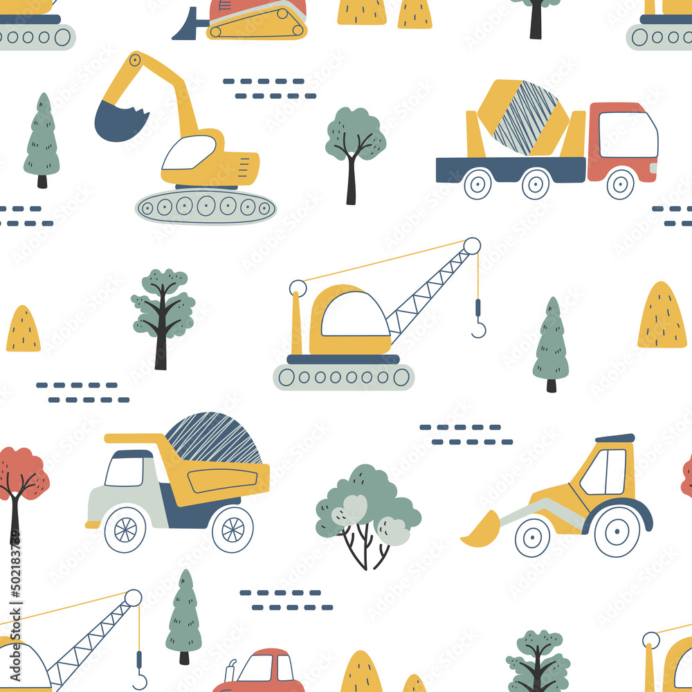 Kids truck seamless pattern. Doodle trucks, construction vehicles with crane. Children apparel print template with car. Scandinavian nowaday vector background