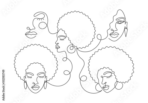 Face of an Afro American woman in a modern abstract minimalist one line style with minimal shapes. Continuous black line of an African girl simple drawing. Isolated on white. Vector illustration.