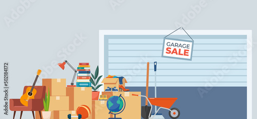 Garage sale background with furniture and accessory. House plants, guitar, books, clothes, chair and others. Flea market old stuff clutter. Vector illustration.