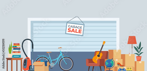 Garage sale background with furniture and accessory. House plants, guitar, books, clothes, chair and others. Flea market old stuff clutter. Vector illustration. photo