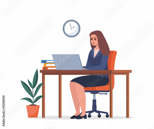 Business woman lady entrepreneur in a suit working on a laptop computer at her office desk. Flat style vector illustration.