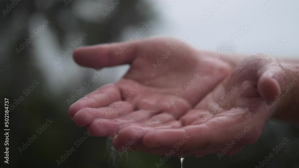 Rain water drop to the hands man with green nature on background, environment recovery Rain water drop to the hands man with green nature on background, environment recovery