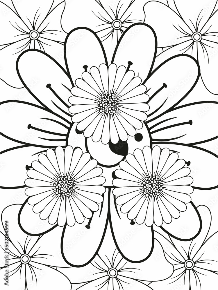 Obraz premium Doodle floral in black and white. A page for coloring book: very interesting and relaxing job for children and adults. Zentangle drawing. Flower carpet in a magic garden