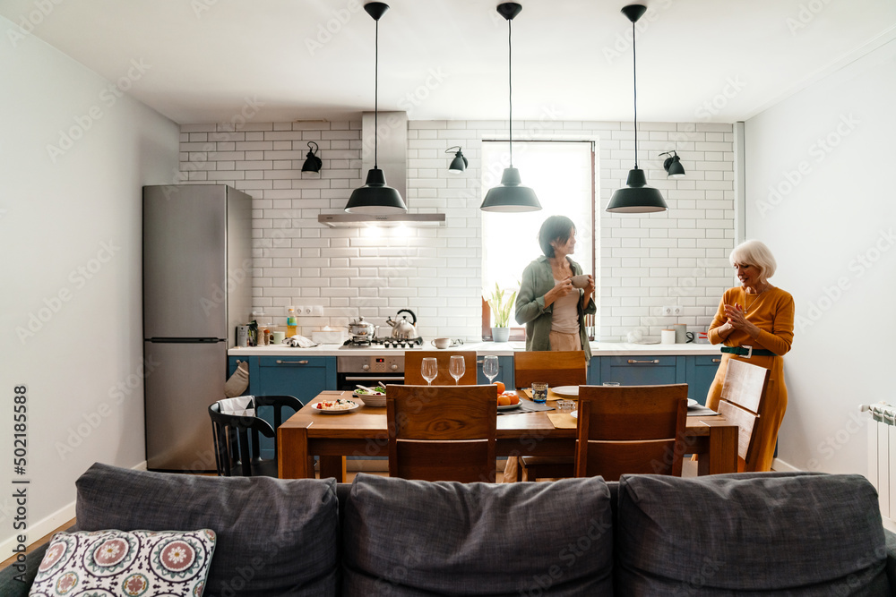 Mature two women talking and setting table in kitchen Mature two women talking and setting table in kitchen