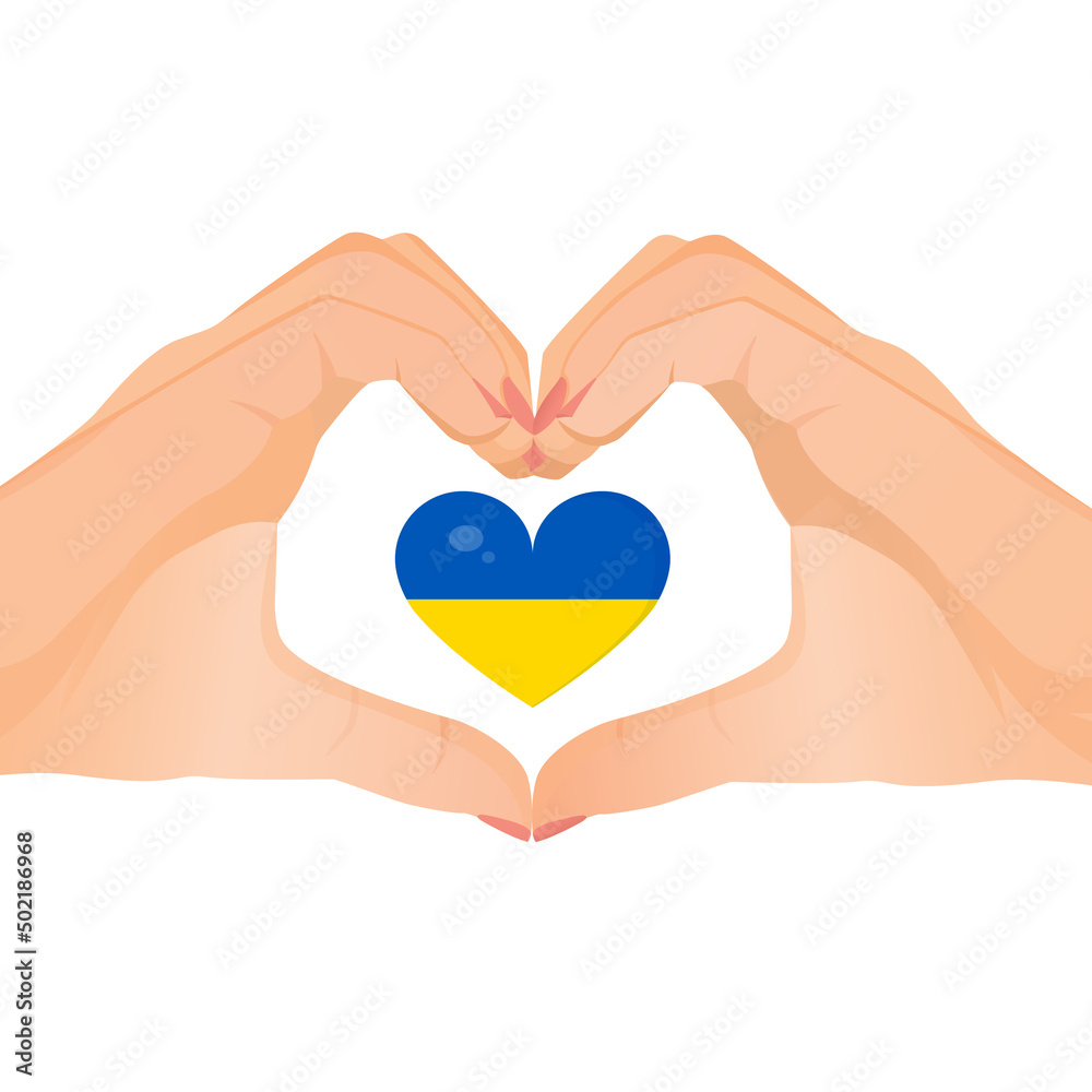 Obraz premium Hands make heart gesture in support of Ukraine. Vector illustration of heart sign. Ukrainian flag.