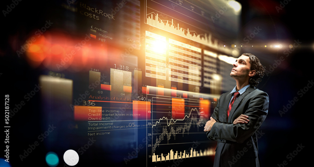 Business graph and trade monitor . Mixed media