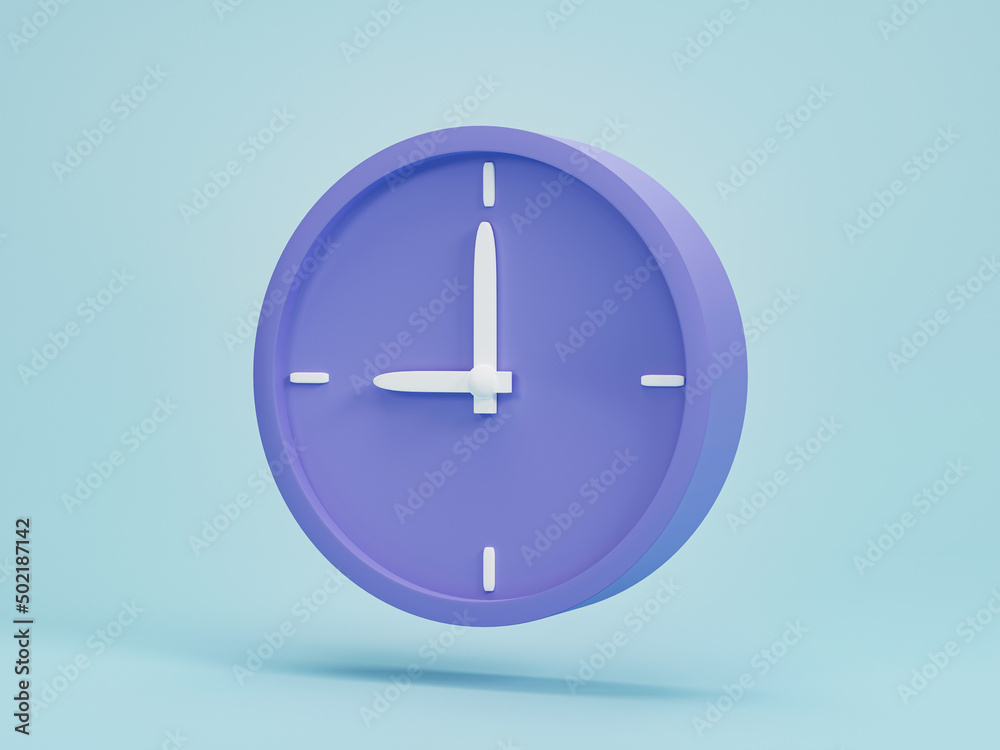3D render, 3D illustration. Circle clock icon. Simple alarm clock on blue background. Minimal creative concept.