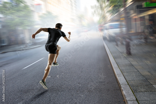 Man in sportwear running . Mixed media