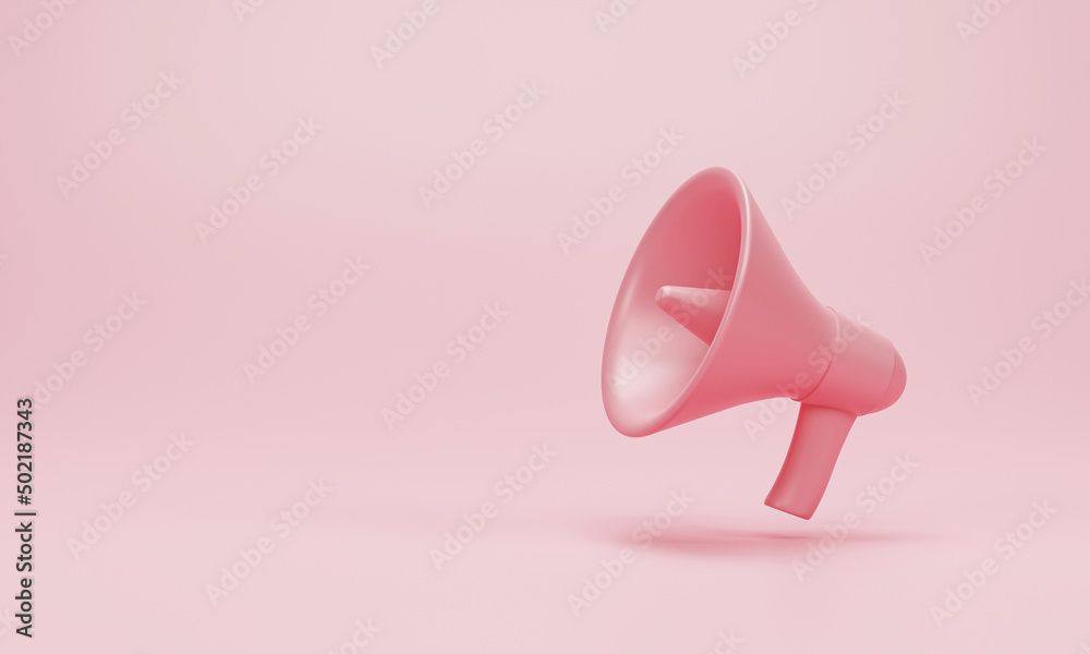 3d render 3d illustration. Megaphone, loudspeaker on pink pastel background. Modern flat cartoon style minimal. Announcement concept