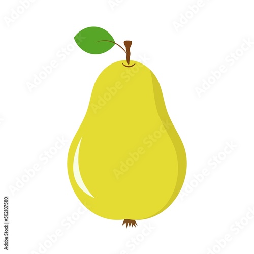 Vector illustration of green ripe pear on stem with leaf. Healthy diet autumn fruits vitamins. Icon sticker design element