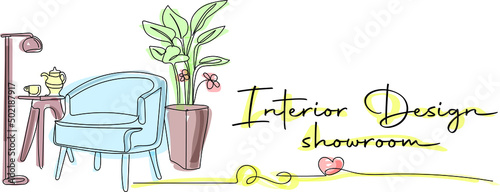 Outline sketch drawing of Interior Designing showroom, Interior designer logo, line art illustration vector silhouette of interior room furniture