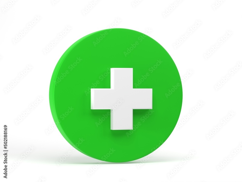 3D rendering, 3D illustration. Green cross icon isolated on white background. medical cross round button. 3D rendering, 3D illustration. Green cross icon isolated on white background. medical cross round button.