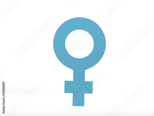 3d rendering, 3d illustration. Blue female gender sign, woman sex symbol on white background. Modern minimal design element concept.