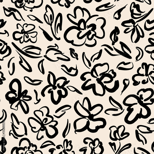 Abstract painted modern flowers with leaves seamless repeat pattern. Random placed, contemporary vector botanical drawning all over surface print on beige background. 