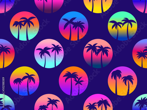 Seamless pattern with palm trees on the background of the sun in the style of the 80s. Futuristic sun with gradient. Design of banners and promotional items. Vector illustration © andyvi
