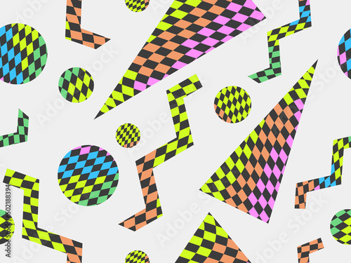 Geometric seamless pattern with abstract checkered pattern in 90s style. Distorted multi-colored grid of their squares. Design of banners and promotional items. Vector illustration