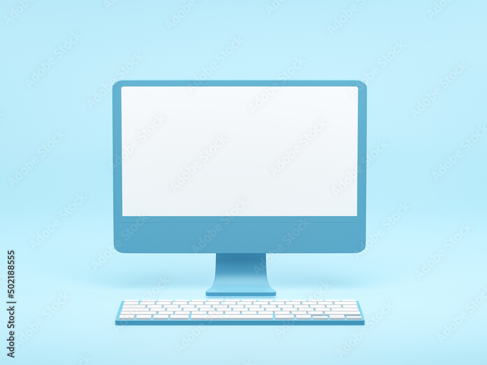 3D rendering, 3D illustration. Desktop PC with keyboard on blue color background. Computer display. Creative ideas minimal design concept. 3D rendering, 3D illustration. Desktop PC with keyboard on blue color background. Computer display. Creative ideas minimal design concept.