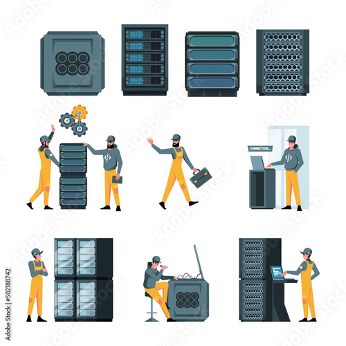 Datacenter workers. Workers repairing servers web engineers garish vector colored illustrations set