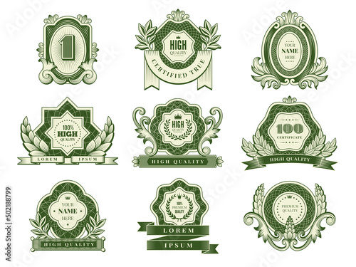 Money templates. Vintage design labels with green decorative botanical frames and place for text recent vector money pictures set