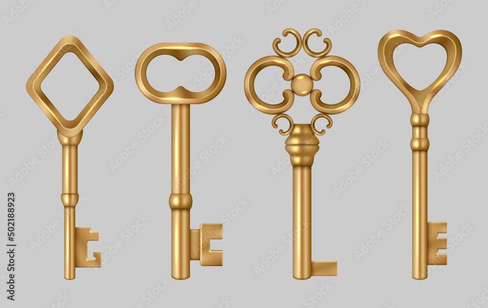 Golden vintage key. Metal medieval entrance symbols house secret key