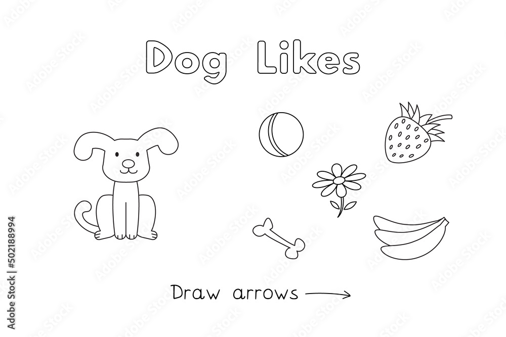 Cute dog learning game for small children - color and draw arrows. Vector coloring book pages for kids. Learning English language