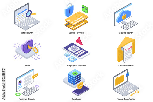 Data security concept 3d isometric icons set. Pack elements of secure payment, locked, fingerprint scanner, email protection, database and secure folder. Vector illustration in modern isometry design