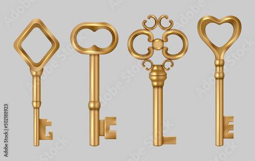 Golden vintage key. Metal medieval entrance symbols house secret key for lock decent vector realistic templates photo