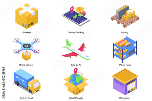 Delivery service concept 3d isometric icons set. Pack elements of package, tracking app, loading, flying drone, airplane, parcel rack, truck, warehouse. Vector illustration in modern isometry design