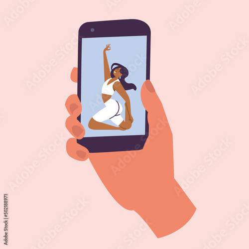 Vector Illustrations hand holding phone with opening app for yoga exercises. Yoga courses online.