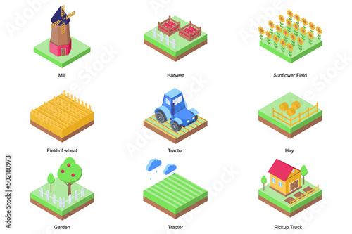 Agricultural farm concept 3d isometric icons set. Pack elements of mill, harvest, sunflower and wheat field, tractor, hay, garden, rain and farmland. Vector illustration in modern isometry design