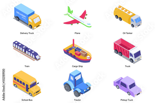 Transport concept 3d isometric icons set. Pack elements of delivery truck, plane, oil tanker, train, cargo ship, car, school bus, tractor and pickup. Vector illustration in modern isometry design