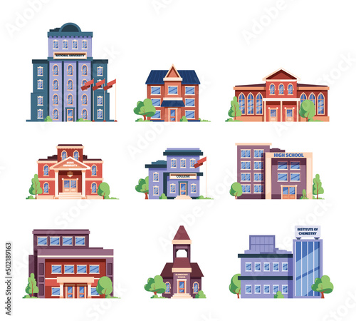 School facades. Municipal buildings for education constructions garish vector flat illustrations