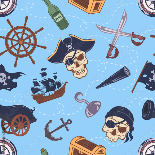 Pirate pattern. Drawing sailor elements wooden battle ship skull bones anchor weapons exact vector seamless background with pirate stylized symbols