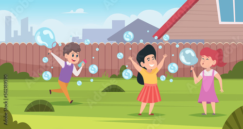 Kids playing with foam. Happy little people in action poses entertainment with foam exact vector background in cartoon style