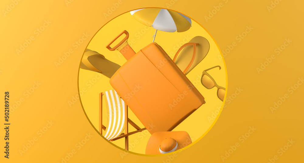 Suitcase background and beach accessories with circular frame. Copy space. 3D illustration.