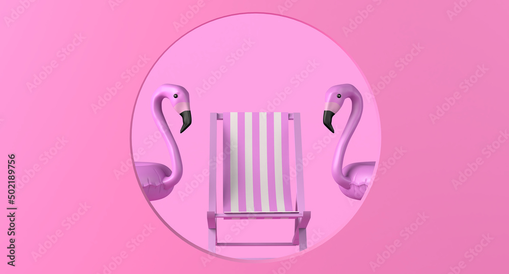 Beach chair background and flamingo floats with circular frame. Copy space. 3D illustration. Beach chair background and flamingo floats with circular frame. Copy space. 3D illustration.