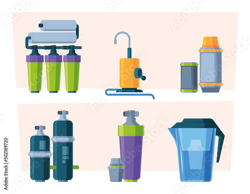 Water purification systems. Industrial water sewage filter garish vector illustration set isolated