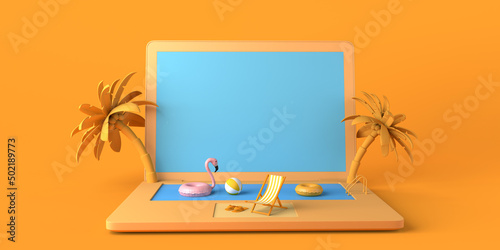 Summer vacation concept with laptop and pool. Online vacation booking. Copy space. 3D illustration.