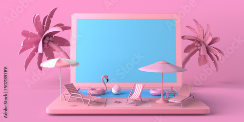 Summer vacation concept with laptop and pool. Online vacation booking. Copy space. 3D illustration.