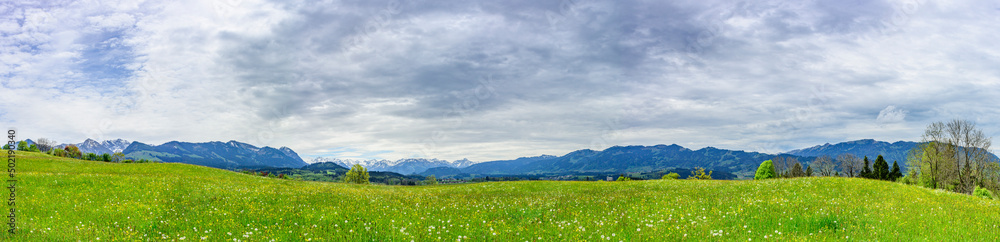 Alpenpanorama aus dem Oberallgäu an einem bedeckten Frühlingstag