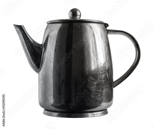 Iron vintage dirty kettle isolated on white background, close up and cut out