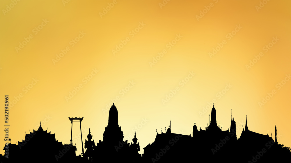 Silhouette with wat arun ,wat phra kaeo and the marble temple on gold background.